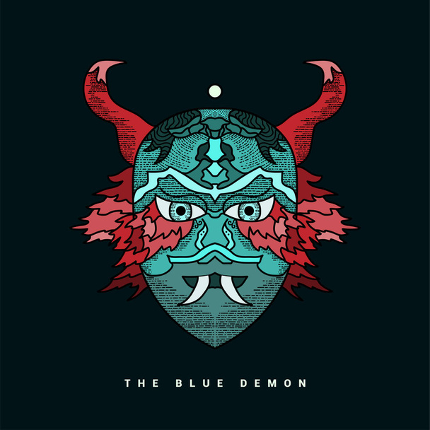 Diable bleu avec cornes rouges et grandes dents blanches pour le logo et l'identité de l'équipe e-sport, tatouage ou t-shirt design - Vecteur, image