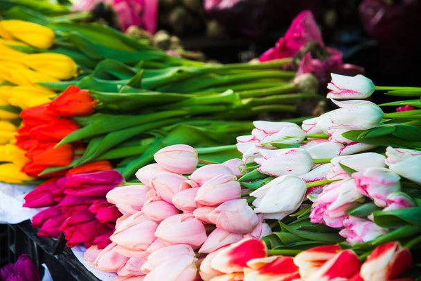 Targ kwiatów. Sprzedaję kwiaty. Bukiety kolorowych tulipanów - Zdjęcie, obraz