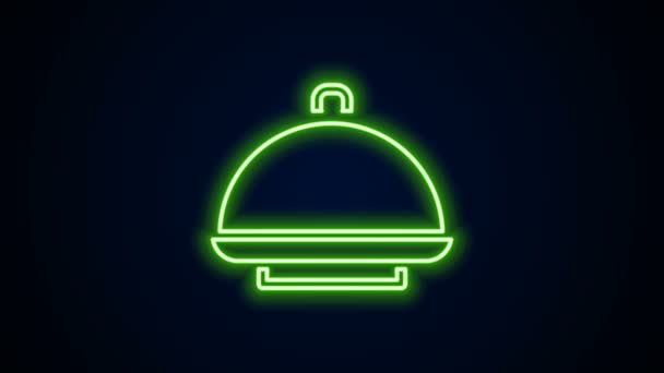 Leuchtende Neon-Linie, bedeckt mit einem Tablett mit Essenssymbol auf schwarzem Hintergrund. Tablett und Deckelschild vorhanden. Restaurant Cloche mit Deckel vorhanden. 4K Video Motion Grafik Animation - Filmmaterial, Video