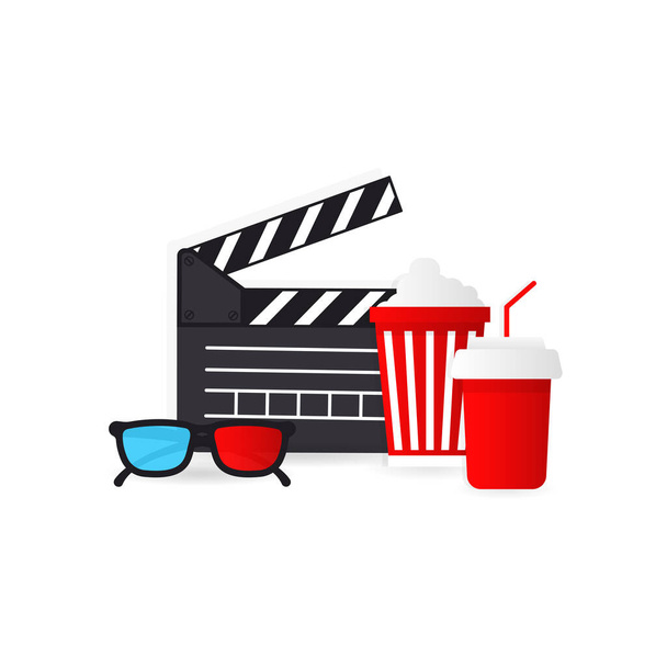 Movie time illustration. Popcorn bucket, glass of drink, tickets, 3D glasses. Cinema snack. Fast food. Vector EPS 10. Isolated on white background. - Vector, Image