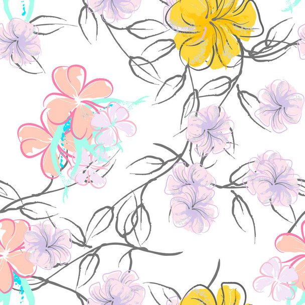 Pink Flowers Blooming Pattern. Pastel Watercolor. - Vector, imagen