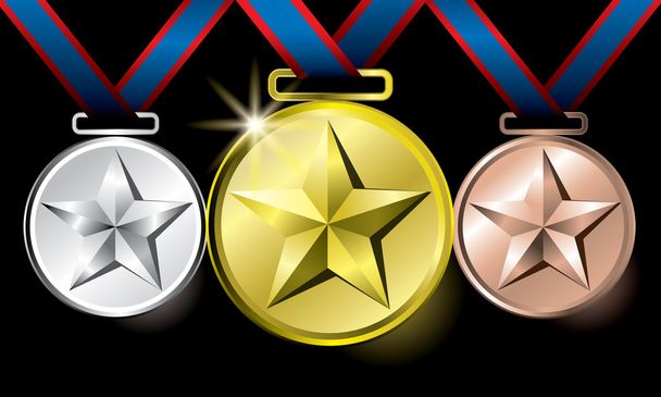 gouden Zilveren en bronzen sterren medailles - Vector, afbeelding
