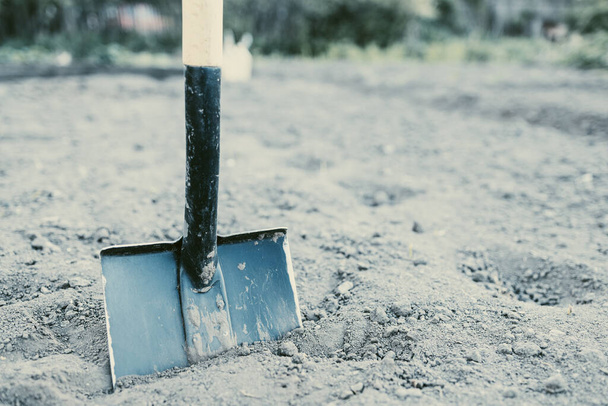 металлическая лопата с деревянной ручкой в почве. крупным планом лопаты в саду - Фото, изображение