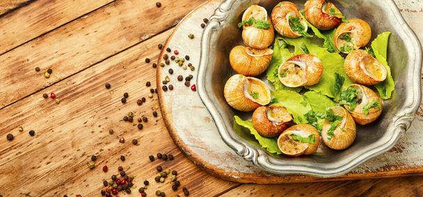Tasty snails in vintage tray.Stuffed escargots.France food - 写真・画像