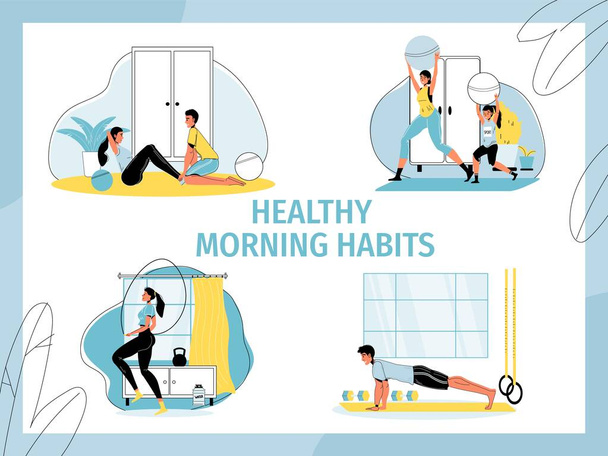 Healthy people morning habits workout activity set - Vector, Image