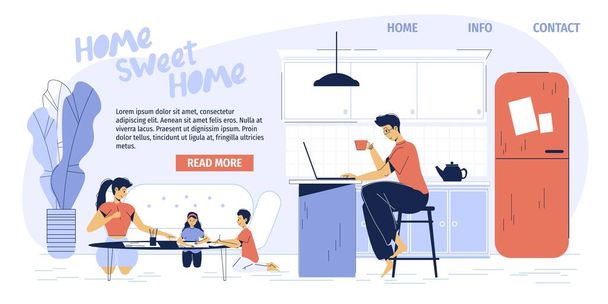 Atividade familiar feliz em casa design de landing page - Vetor, Imagem