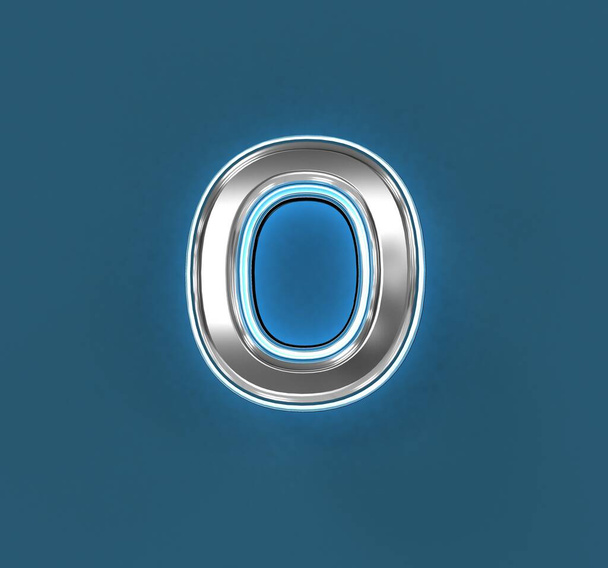 Fonte métallique en acier avec contour blanc et rétroéclairage bleu - lettre O isolée sur fond bleu, illustration 3D de symboles - Photo, image