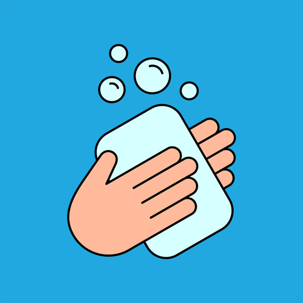 Kézmosás szappanrúd színű ikonnal. Pálmák szappantartóval és buborékokkal. Mosd meg a kezed körvonalazódással. Tisztítás, fertőtlenítés, fertőtlenítés és fertőtlenítés. Vektor illusztráció, lapos, clip art - Vektor, kép
