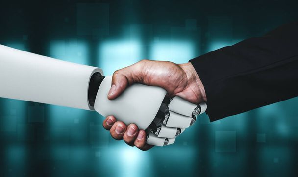 3D-Rendering humanoider Roboter-Handschlag zur Zusammenarbeit mit Zukunftstechnologie - Foto, Bild