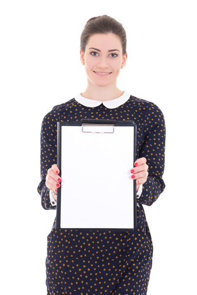 young beautiful brunette woman in black dress with clipboard iso - Photo, Image