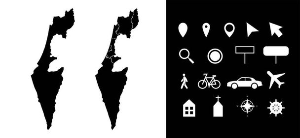 İsrail idari bölgelerinin ikonlu haritası. Harita yeri, iğne, ok, ayna, tabela, adam, bisiklet, araba, uçak, ev. İsrail vektör haritasının kraliyet dışı ana hatları. - Vektör, Görsel