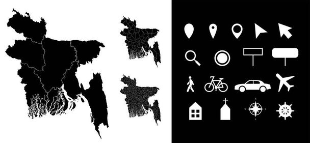 Χάρτης διοικητικών περιφερειών του Μπαγκλαντές, εικόνες. Καρφίτσα θέσης χάρτη, βέλος, άνθρωπος, ποδήλατο, αυτοκίνητο, αεροπλάνο. - Διάνυσμα, εικόνα