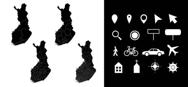 Mapa da Finlândia departamentos de regiões administrativas com ícones. Mapa pino de localização, seta, olhando vidro, tabuleta, homem, bicicleta, carro, avião, casa. Mapa vetorial de acabamento sem realeza. - Vetor, Imagem