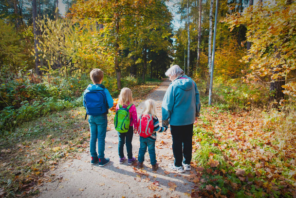 grandmother with kids walk in autumn nature - Foto, Bild