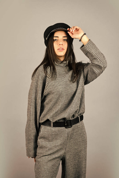 Woman wear grey suit blouse and pants. Shop Your Style. Designed for your comfort. Warm comfortable clothes. Casual style for every day. Fashionable knitwear. Knitwear concept. Feel comfortable - Foto, Imagem