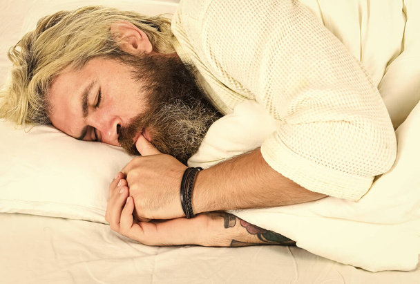 Having nap. Sweet dreams. Good night. Mental health. Practice relaxing bedtime ritual. Man with sleepy face lay on pillow. Fast asleep concept. Man with beard relaxing. Hipster with beard fall asleep - Фото, изображение