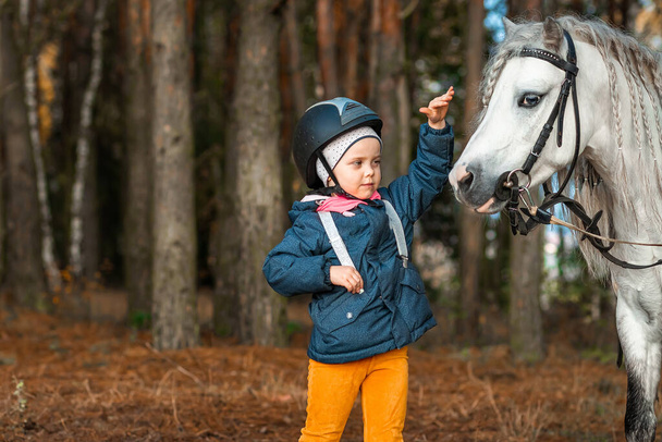 Little girl portrait, stands next to a white pony close-up on the background of nature. Jockey, epodrome, horseback riding. - Foto, Bild