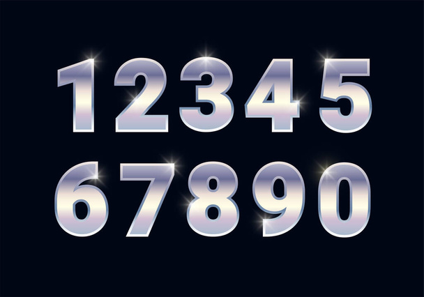 SIlver shiny numbers set, metal chrome font signs isolated on black background. Luxury fashion white gold typography design for decoration, web, design, advert, greeting card. Vector illustration - Διάνυσμα, εικόνα