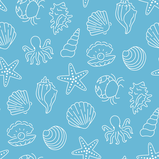 シーシェルのシームレスなパターン。ベクトルの背景には、貝殻、ホタテ、ヒトデ、アサリ、タコ、カニなどの線のアイコン、ファブリック用の海洋テクスチャ海洋生物が含まれていました。白と青の色 - ベクター画像
