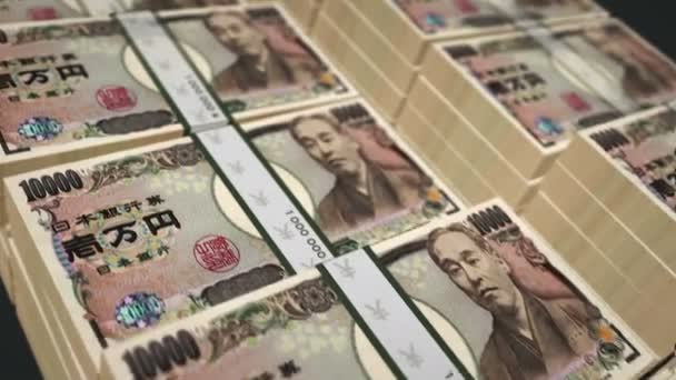 Japanische Yen Money Pack-Schleife 3D-Animation. Kamera über die 10000 JPY-Banknotenbündel. Loopable nahtlose Konzept der Finanzierung, Wirtschaftskrise, Markt, Rezession, Japan Bank, Schulden und Steuern. - Filmmaterial, Video