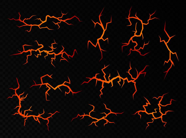 Volcanic fissures set with hot magma, ground cracks with molten lava isolated on a black background. - Vector, Image