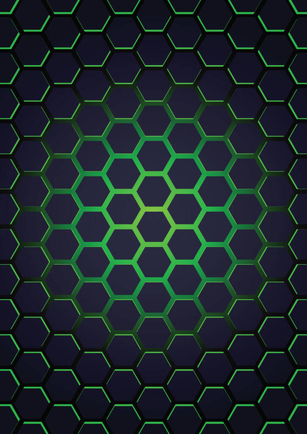 futuristinen tummansininen kuusikulmiot vihreä taustavalo mustalla taustalla - Vektori, kuva