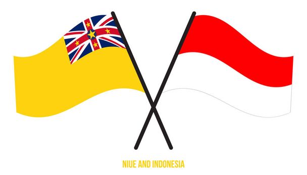 Niue und Indonesien Flaggen kreuzten und schwenkten flachen Stil. Offiziell. Korrekte Farben. - Vektor, Bild