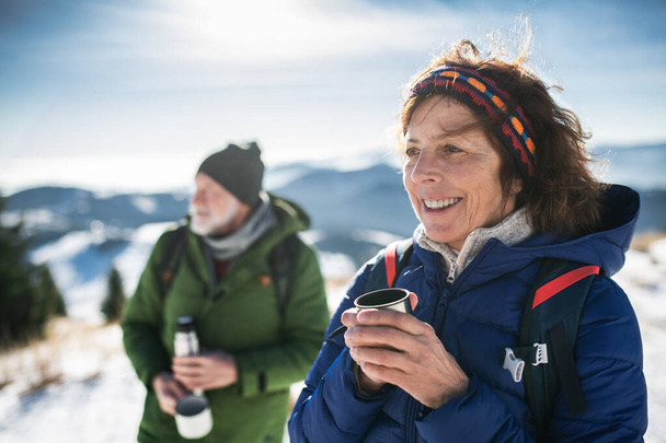 Senior couple hikers in snow-covered winter nature, drinking hot tea. - Valokuva, kuva
