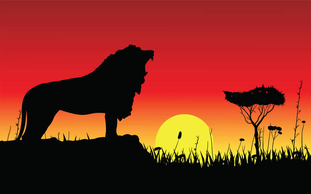 Ilustración vectorial de la silueta negra de un león gruñendo sobre una roca. Contra el fondo de la puesta de sol en Savannah - Vector, Imagen