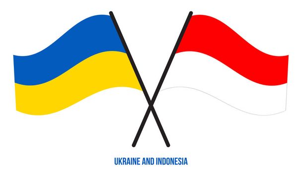 Флаги Украины и Индонезии пересекли и размахивали плоским стилем. Официальная доля. Правильные цвета. - Вектор,изображение