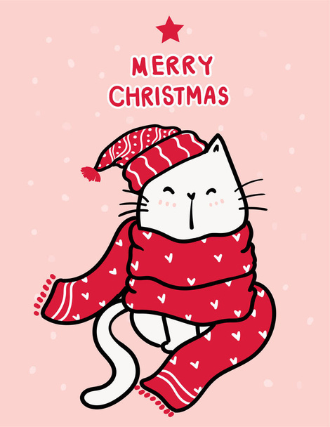 süße fröhliche weiße Kätzchen Katze in rotem Strickschal und Mütze, Frohe Weihnachten Wort und Schnee fallen auf rosa Hintergrund, Doodle Cartoon Zeichnung Umrissvektor - Vektor, Bild