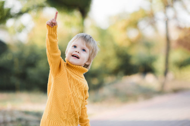 Happy child girl 3-4 year old wearing yellow knitted sweater playing in park outdoors. Autumn season. Childhood. Happiness.  - Photo, Image