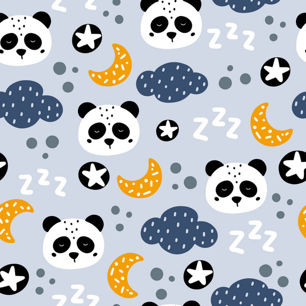 Sleeping panda with stars, moon and clouds hand drawn seamless pattern in Scandinavian style vector illustration. Cute panda character face pattern. - 写真・画像