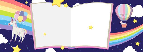 Páginas de libros en blanco y unicornio y globo aerostático con arco iris sobre fondo nocturno ilustración - Vector, imagen