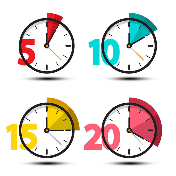 Clock Icons Set Isolated - 5, 10, 15 and 20 Minutes Symbols Vector Cartoon - Vector, Image