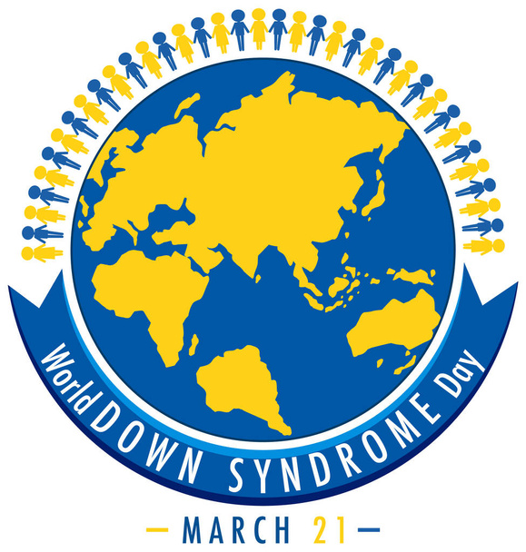 World Down Syndroom op 21 maart met geel-blauwe globe teken illustratie - Vector, afbeelding