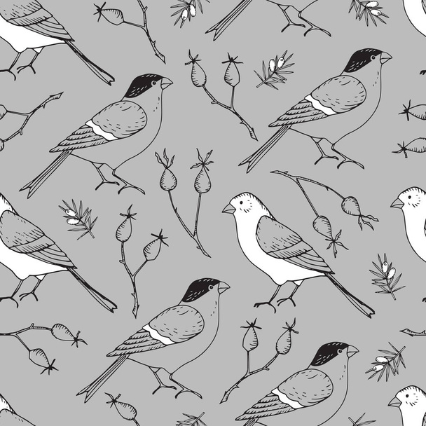 Elegant hand drawn Christmas seamless pattern with bullfinch and goldfinch birds and rose hips. Winter vintage engraving design. Grey vector illustration background. Floral tile for fabrics, textile. - Вектор,изображение