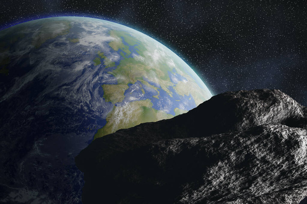 Wielka asteroida lub meteor unosi się na Ziemię. Koncepcja apokalipsy. 3D ilustracja renderowana. Elementy tego obrazu dostarczone przez NASA. - Zdjęcie, obraz