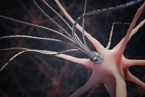 Nanoteknologian konsepti. Mikrorobotti keinotekoinen aksoni neuronilla hermoverkossa. 3D-renderöity kuva. - Valokuva, kuva