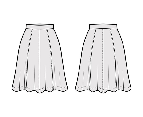 Skirt eight gore technical fashion illustration with below-the-knee silhouette, semi-circular fullness bottom template - Vector, Image