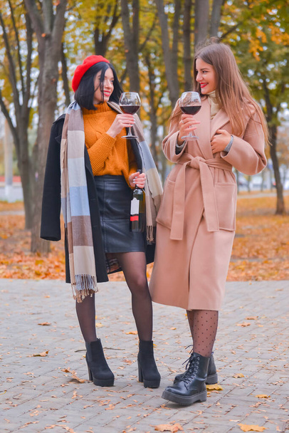 Two pretty cheerful women with glasses of wine outside. Leisure time, still life, eating out concept. - Foto, imagen