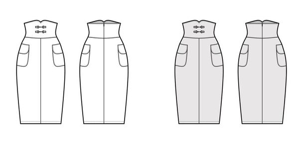 Falda cintura alta vaina técnica moda ilustración con silueta de rodilla recta, plenitud de lápiz, bolsillos laterales. - Vector, Imagen