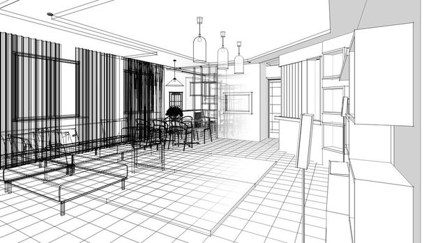 kuchnia wnętrze pokój dzienny 3d ilustracja - Zdjęcie, obraz