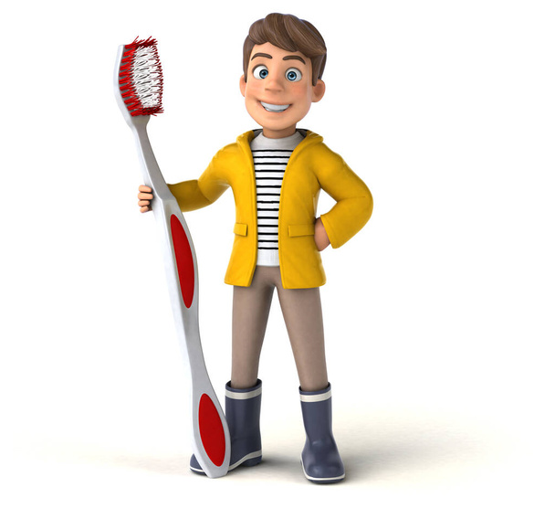 Fun 3D Illustration of a cartoon kid with rain gear with toothbrush - Photo, Image