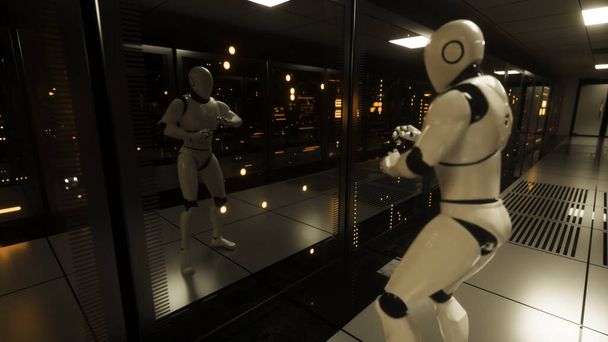 Sunucu odasındaki dans eden robot kendini yansıtıyor. Veri merkezinin sunucu odasındaki cam panellerin arkasındaki veri sunucuları. 3d illüstrasyon - Fotoğraf, Görsel