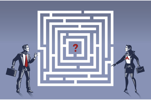 Zakenman en zakenvrouwen bespreken oplossing om te ontsnappen aan puzzelillustratie concept - Foto, afbeelding