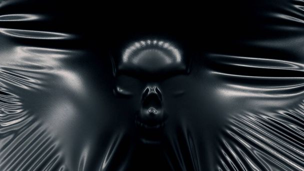 La silueta de un cráneo humano estira el látex negro. Concepto de horror. ilustración 3d - Foto, Imagen