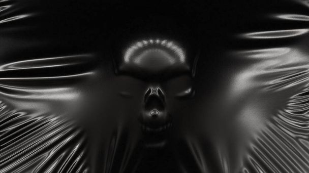 La silueta de un cráneo humano estira el látex negro. Concepto de horror. ilustración 3d - Foto, imagen