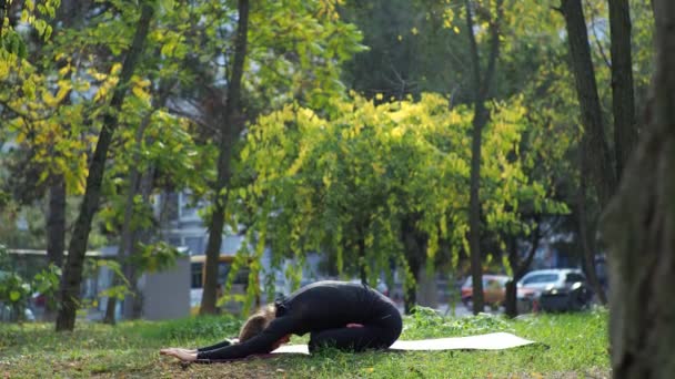 Mujer joven practica yoga en un parque de la ciudad En la hierba - Imágenes, Vídeo
