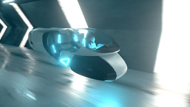 Flying a robot behind the wheel of a futuristic car in a long tunnel. Artificial intelligence and future concept. 3d illustration - Photo, Image